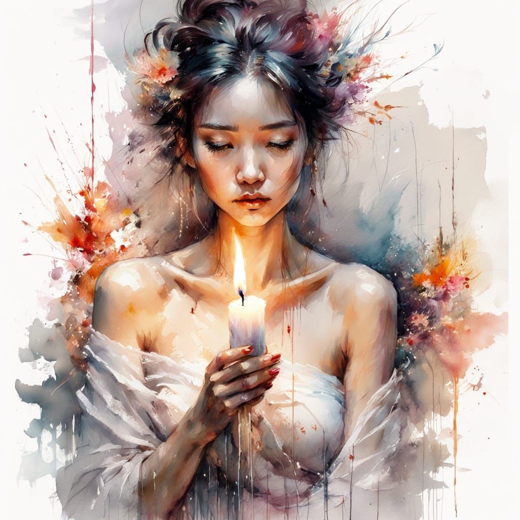 Ethereal Japanese Woman With Candle in Watercolour Style