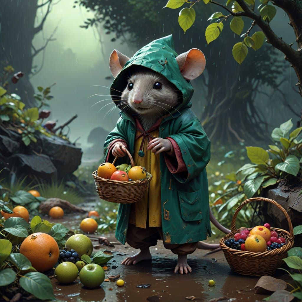 Fantasy Mouse Amidst a Rainy Orchard in Earthy Brown Robe