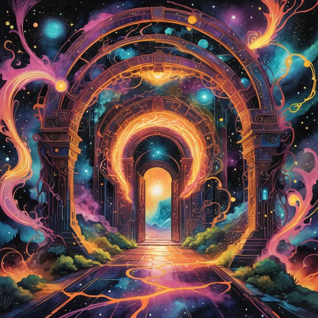 Ethereal Cosmic Portal Glows with Vibrant Neon Light