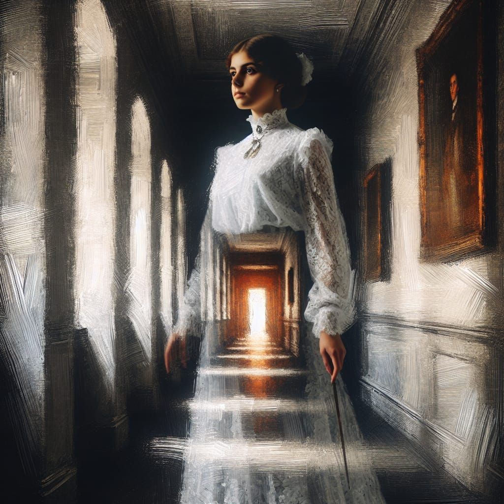Ghostly Woman in Dark Hallway: Impressionist Double Exposure