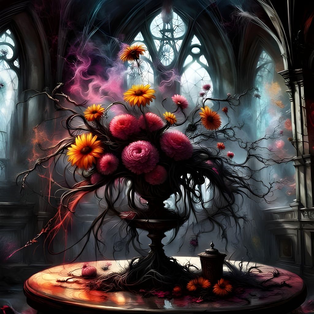 Psychedelic Gothic Floral Still Life with Glowing Details