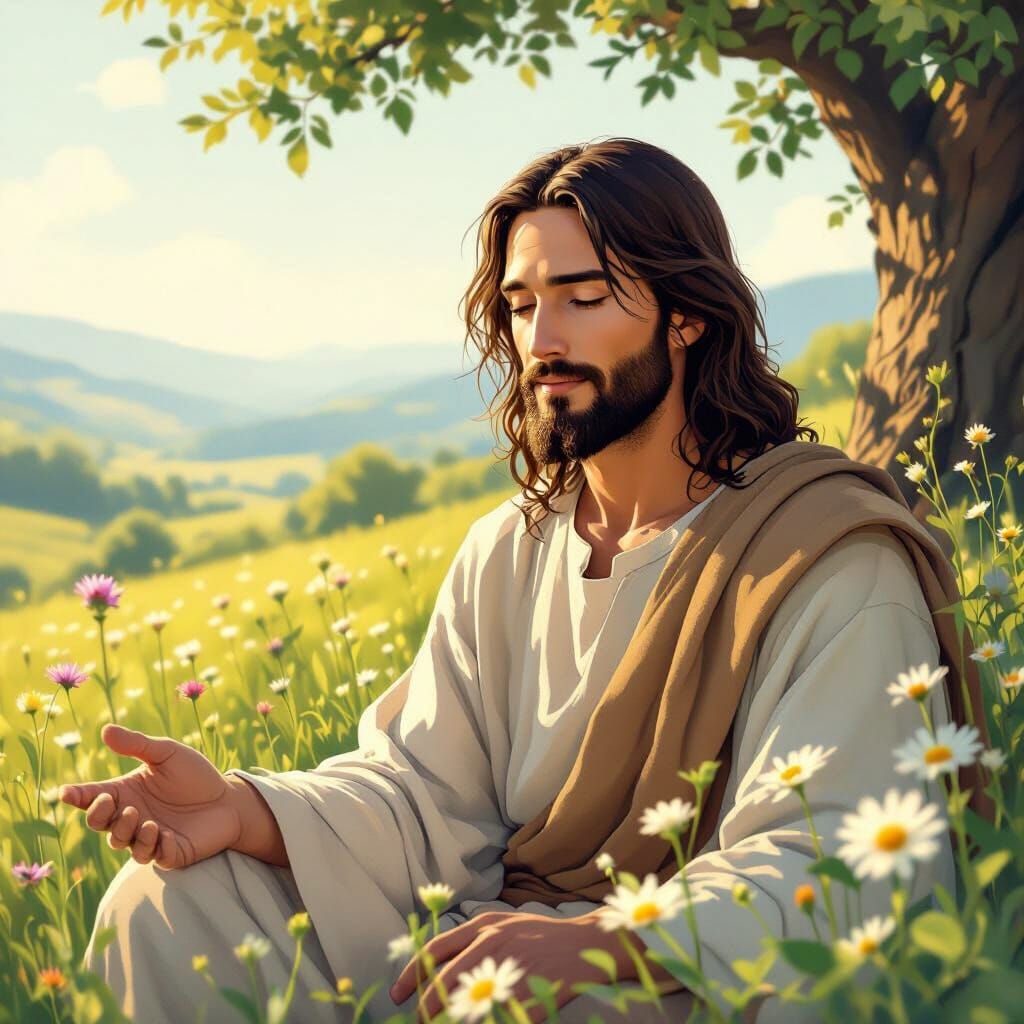 Jesus in Serene Landscape: Evoking Hope and Devotion