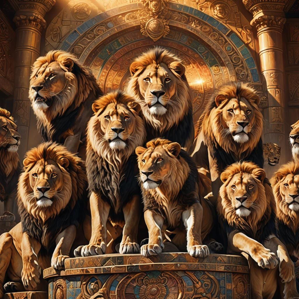 Majestic Lions Council in Golden Light, Digital Art