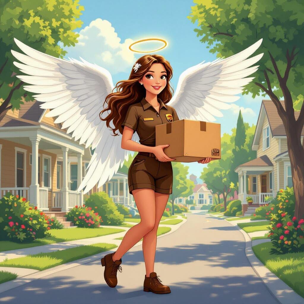 Angel UPS Delivery Woman on Sunny Street