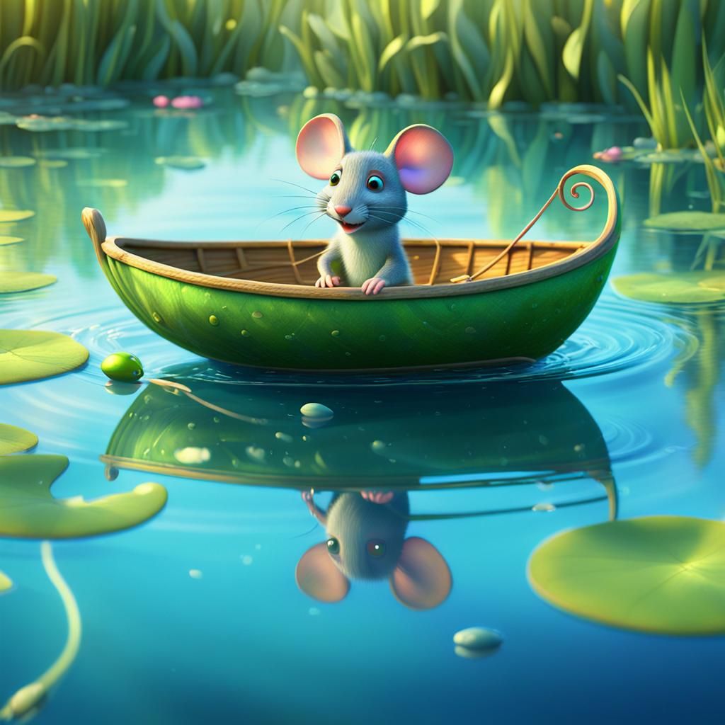 Mouse in Peapod Boat on Pond, Pixar-Style 3D Art