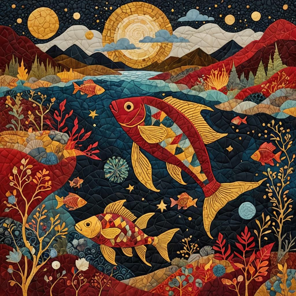 Fantasy Goldfish Textile Art in Starlight