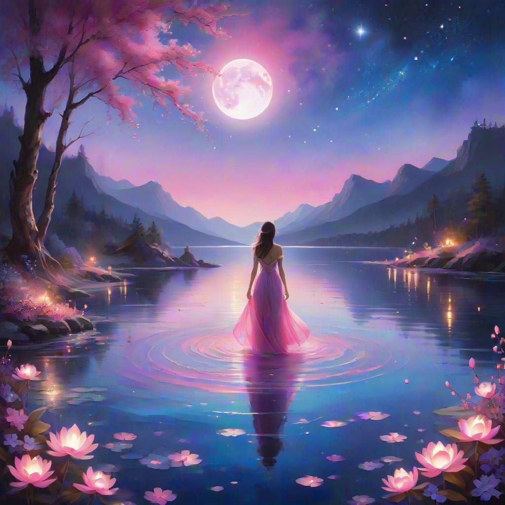 Moonlit Lake Glade in Surreal Watercolor Style