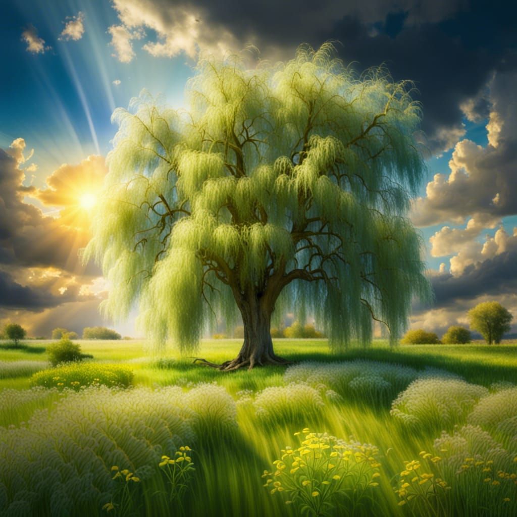 Weeping Willow in Wildflower Field Under Sunny Sky