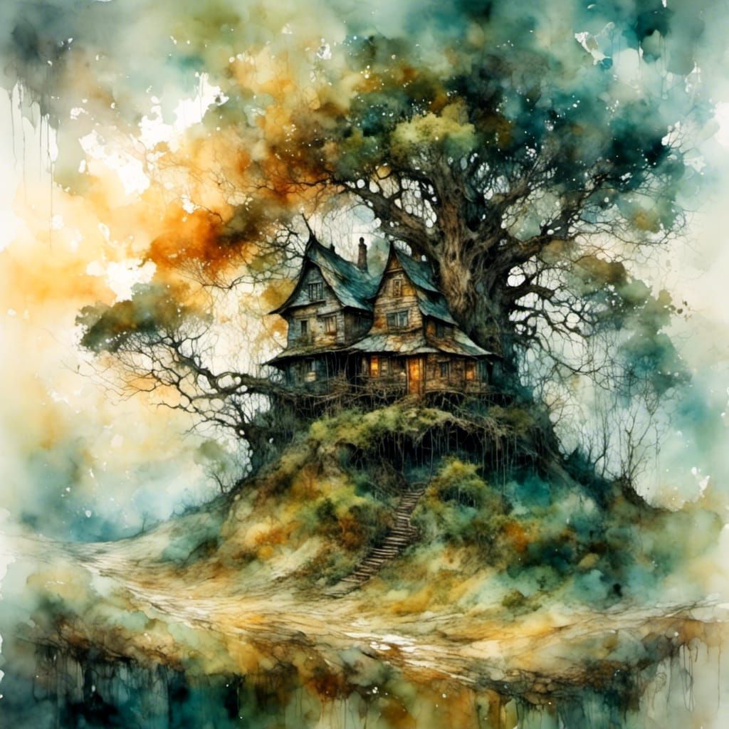 House and Oak Tree in Foggy Forest
