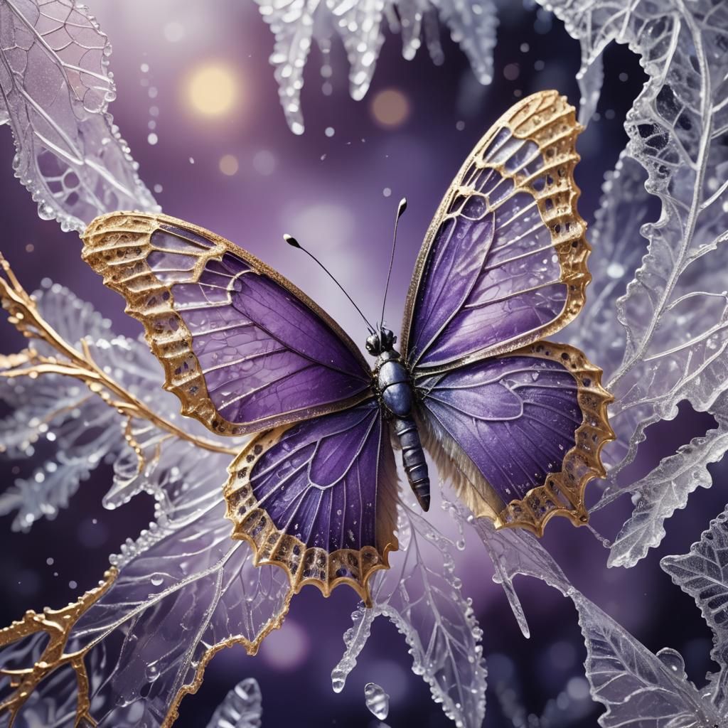 Lace Butterfly on Ice: Hyper-Realistic Digital Art