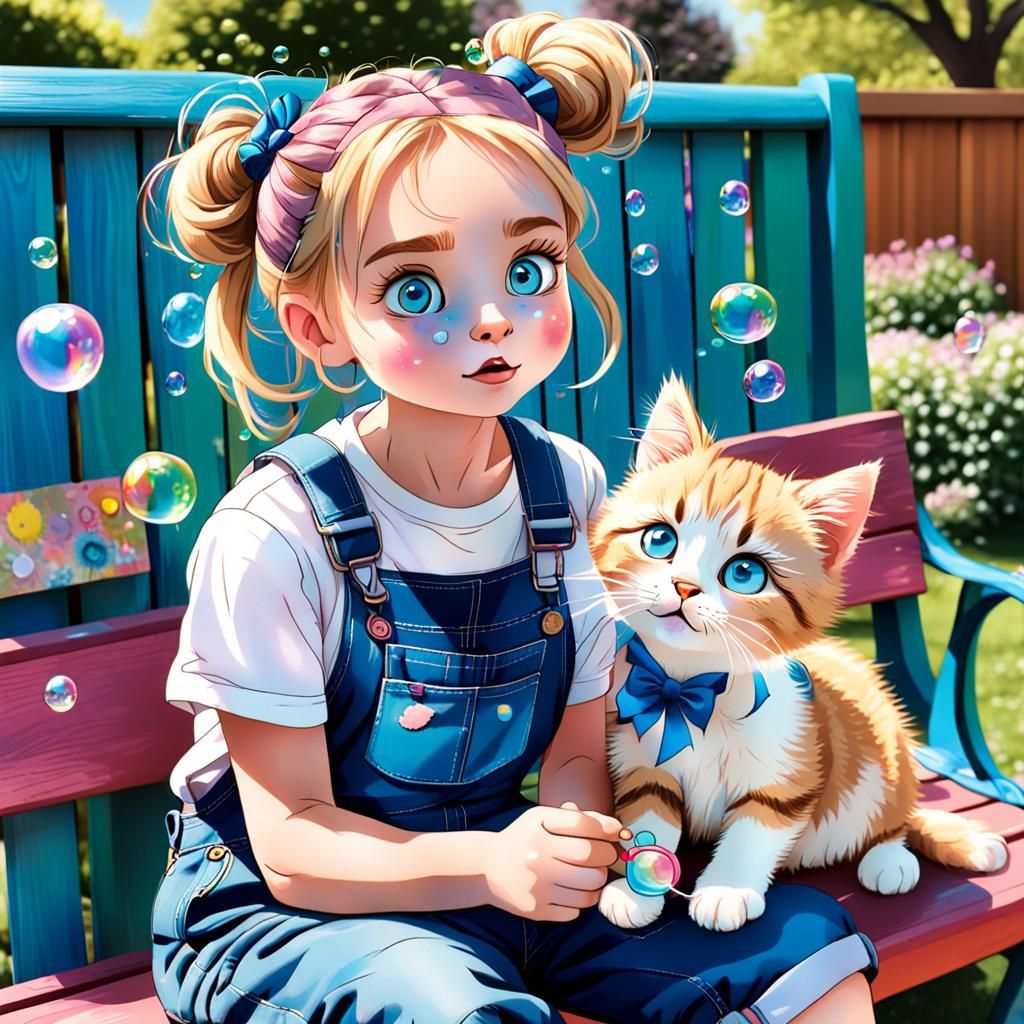 Girl Blowing Bubbles with Kitten in Backyard