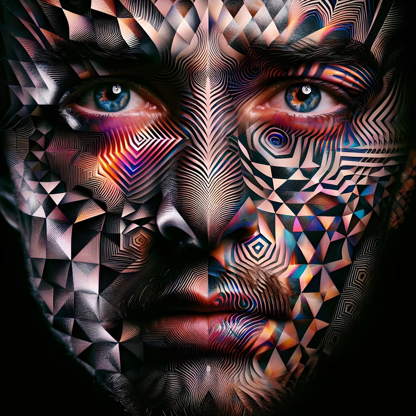 Tessellated Face with Glitch Effects and Double Exposure