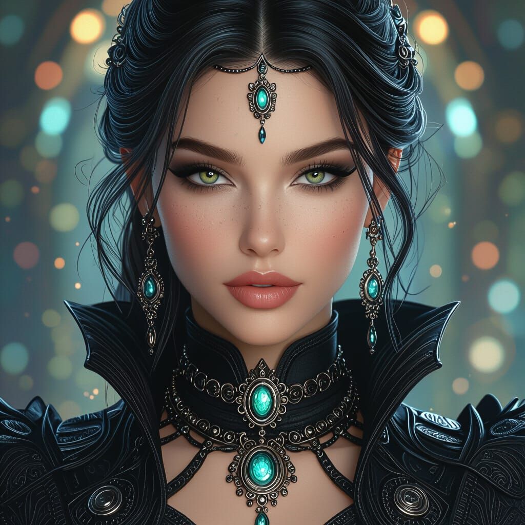 Woman in Futuristic Jewelry and Black Clothing