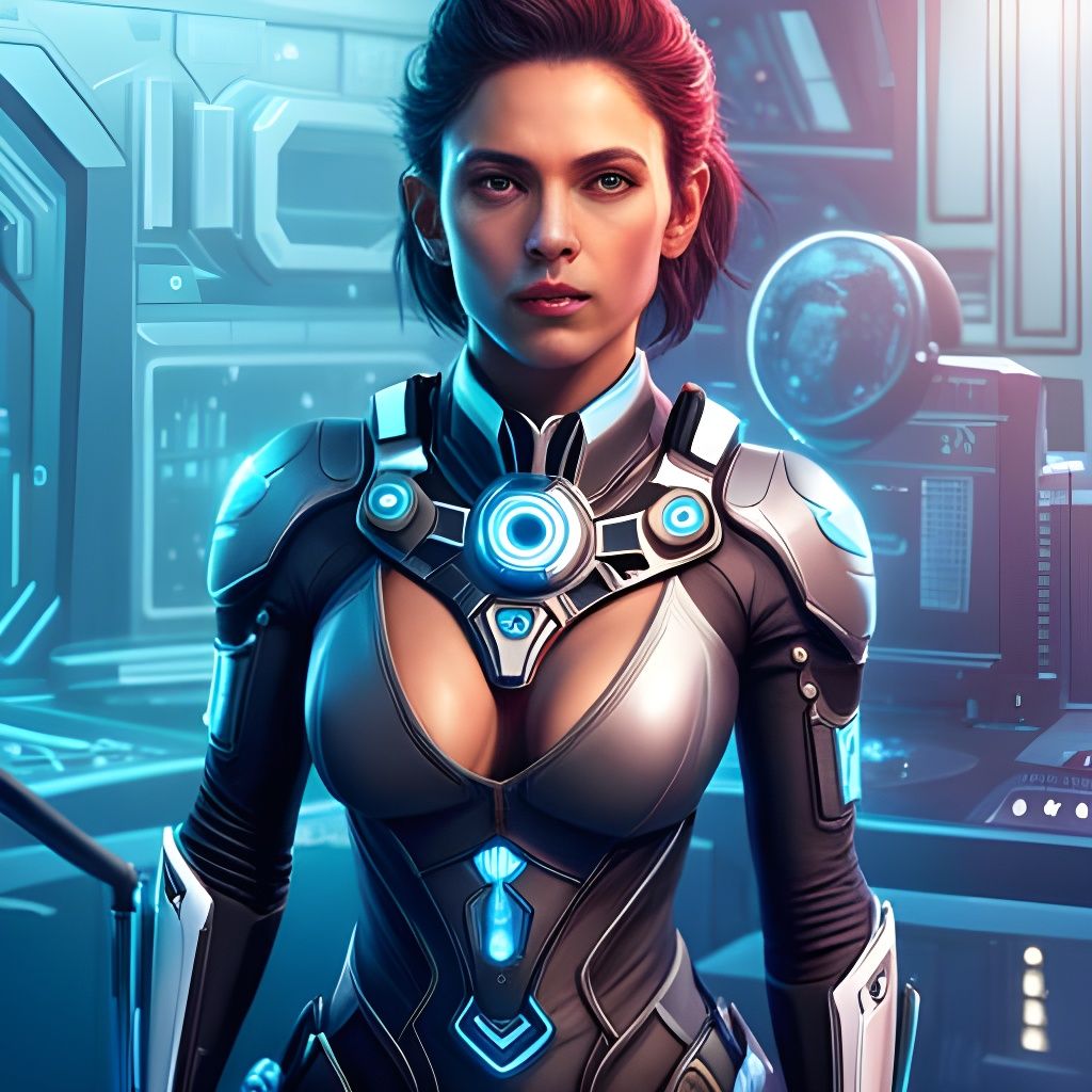 Cybernetic Girl Scientist Portrait in Cyberpunk Lab