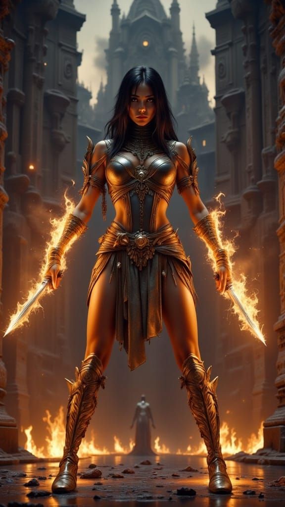 Fiery Combat Sorceress Conjuring Flame Blades