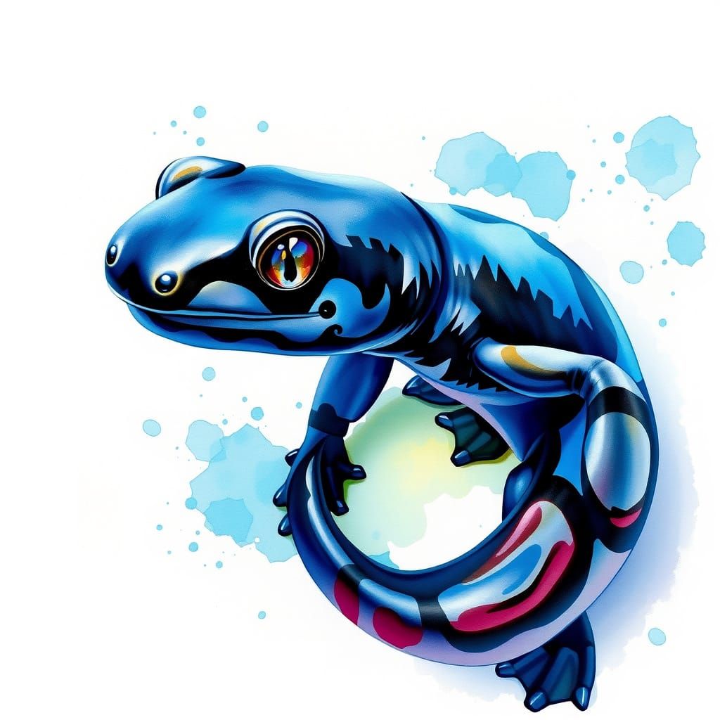 Surreal Black and Blue Salamander in Impressionist Watercolo...
