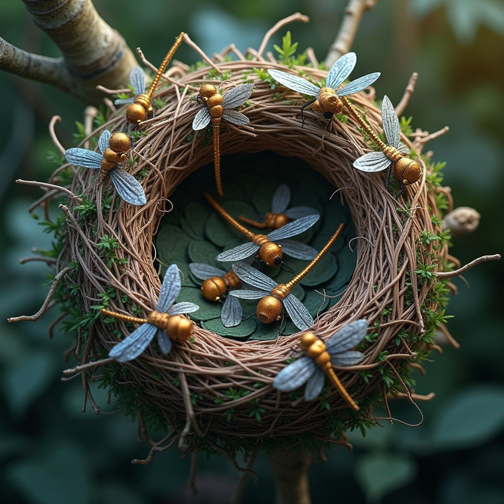 Dragonfly Nest in Lush Foliage: Hyper-Realistic Matte Painti...