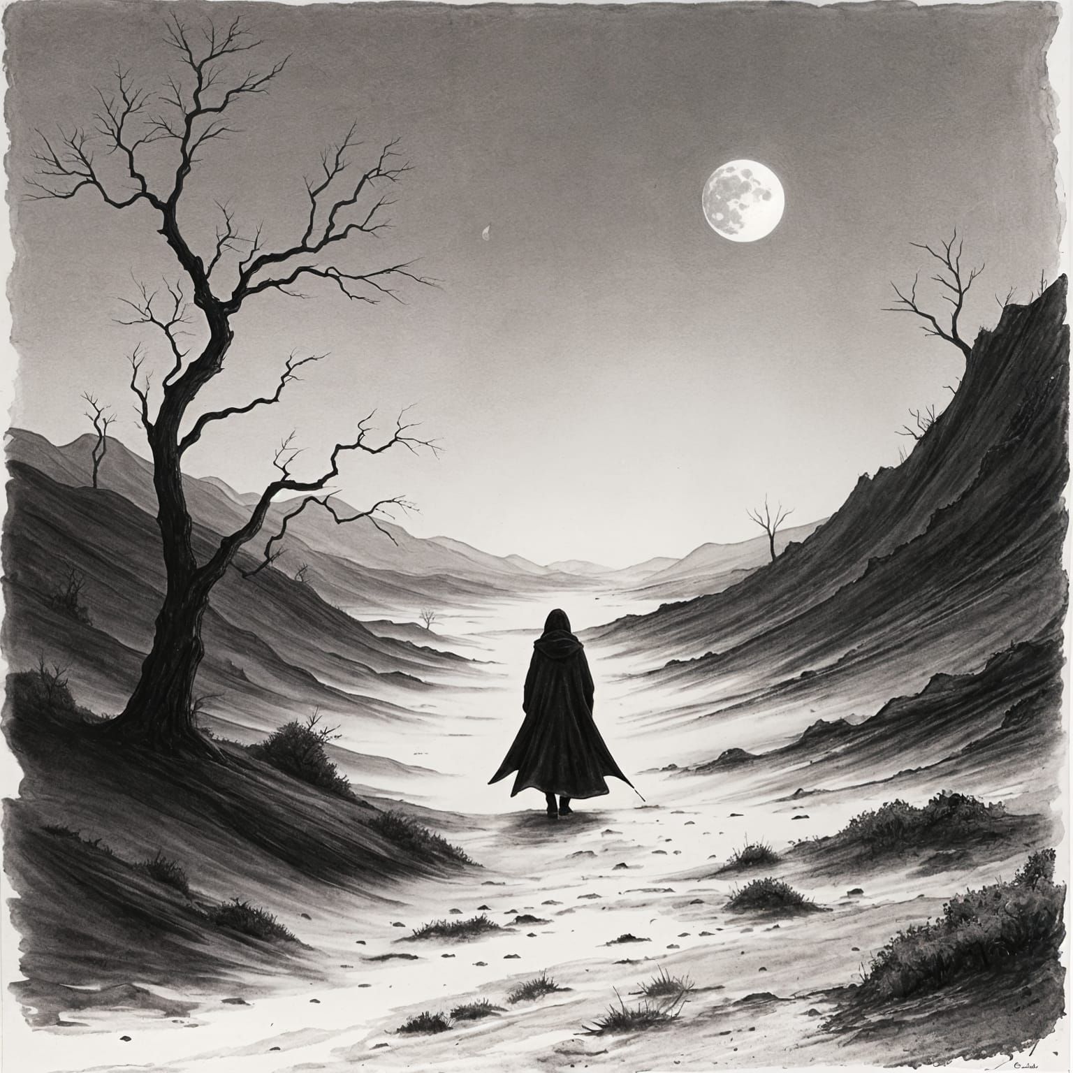 Lonely Wanderer in Monochrome Sumi-E Landscape