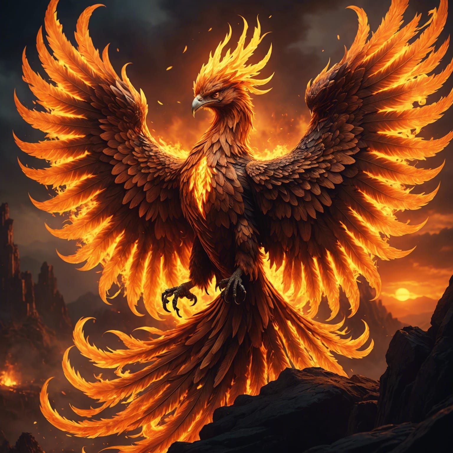 Fiery Phoenix Rising from the Sun