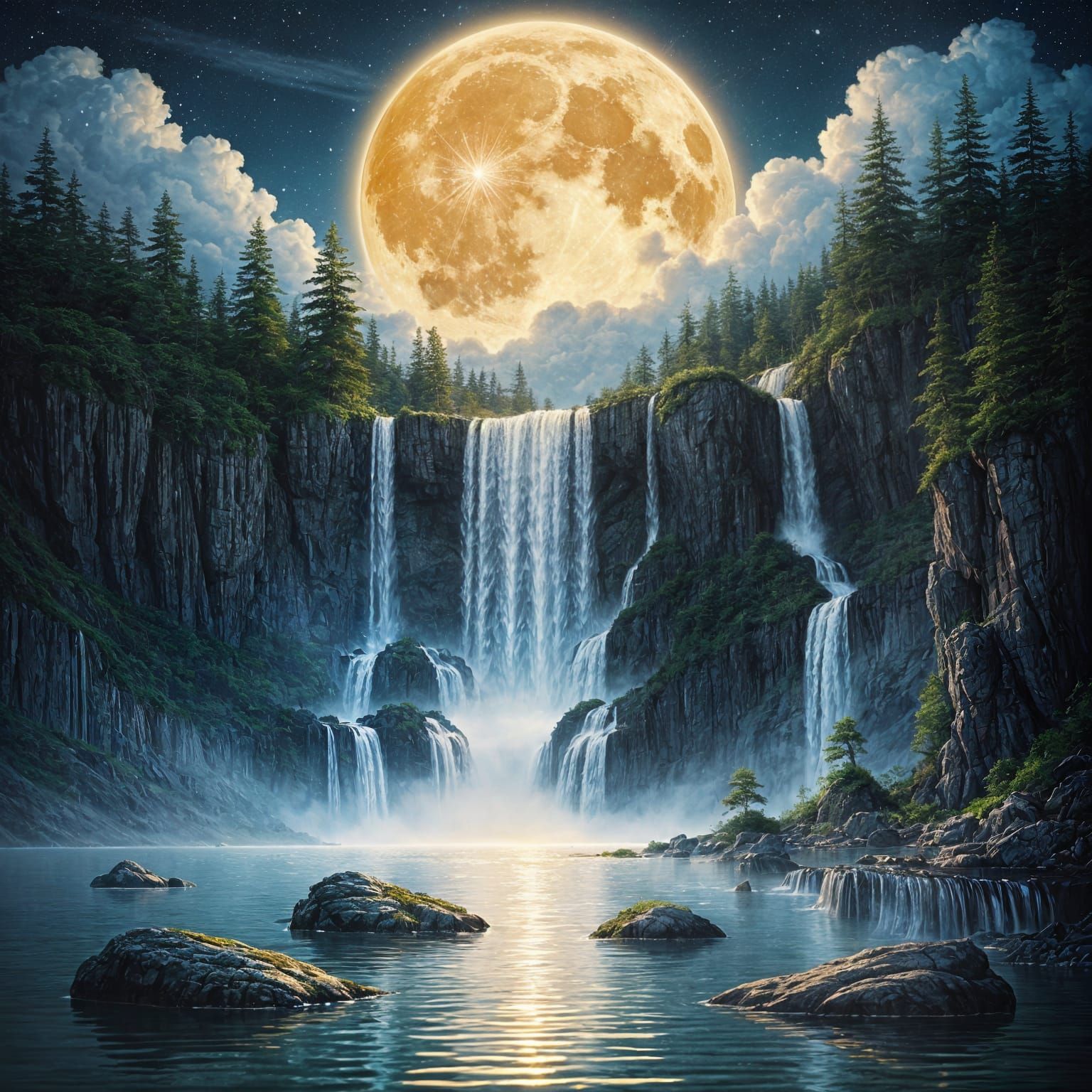 Luminous Waterfalls in Silver Light