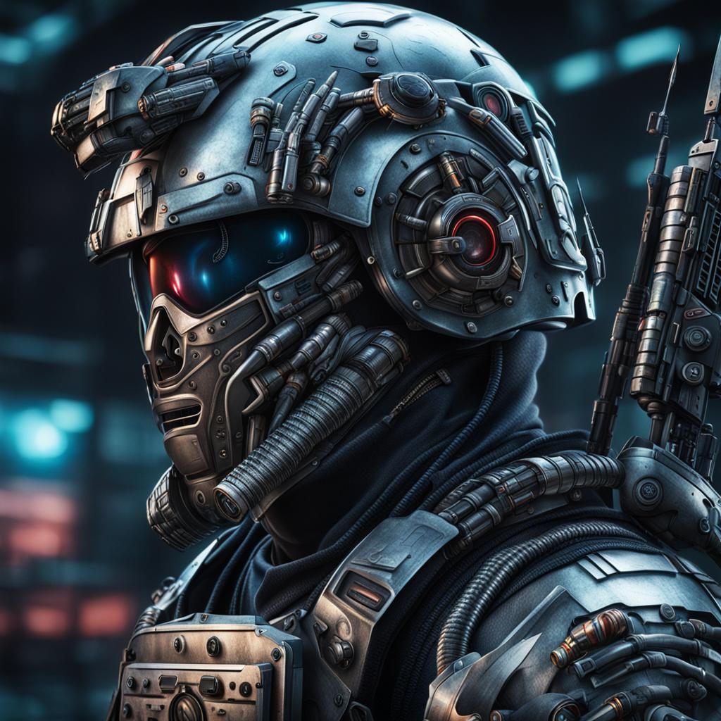 Hyperrealistic Cyber Warrior Portrait with Helmet
