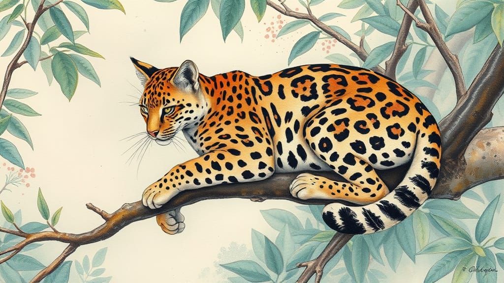 Ocelot in Jungle, Fine Line Sketch with Watercolor