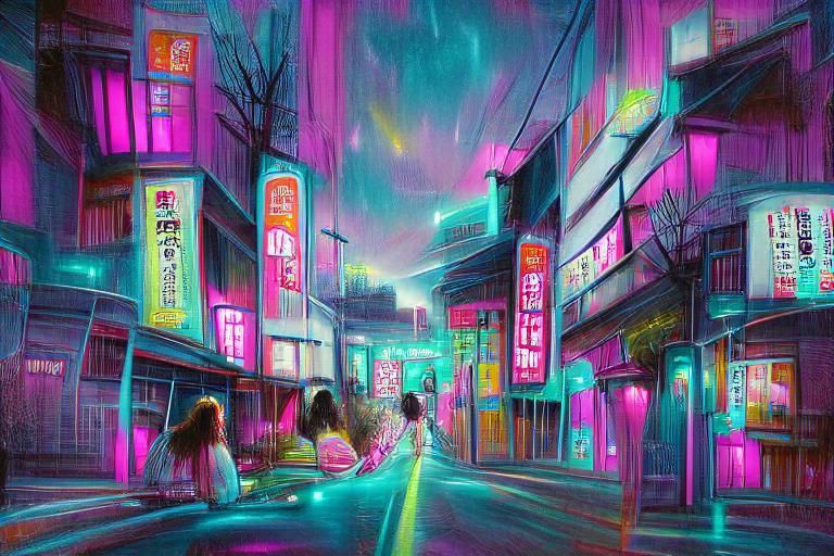 Neon Japan Street at Night: Pastel Digital Art