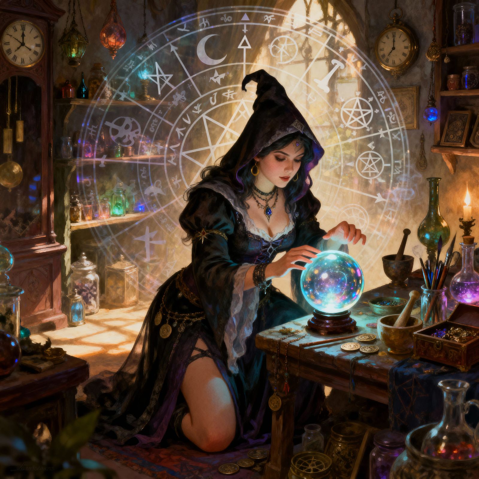 Seer Witch Reading Crystal Ball in Magical Shop