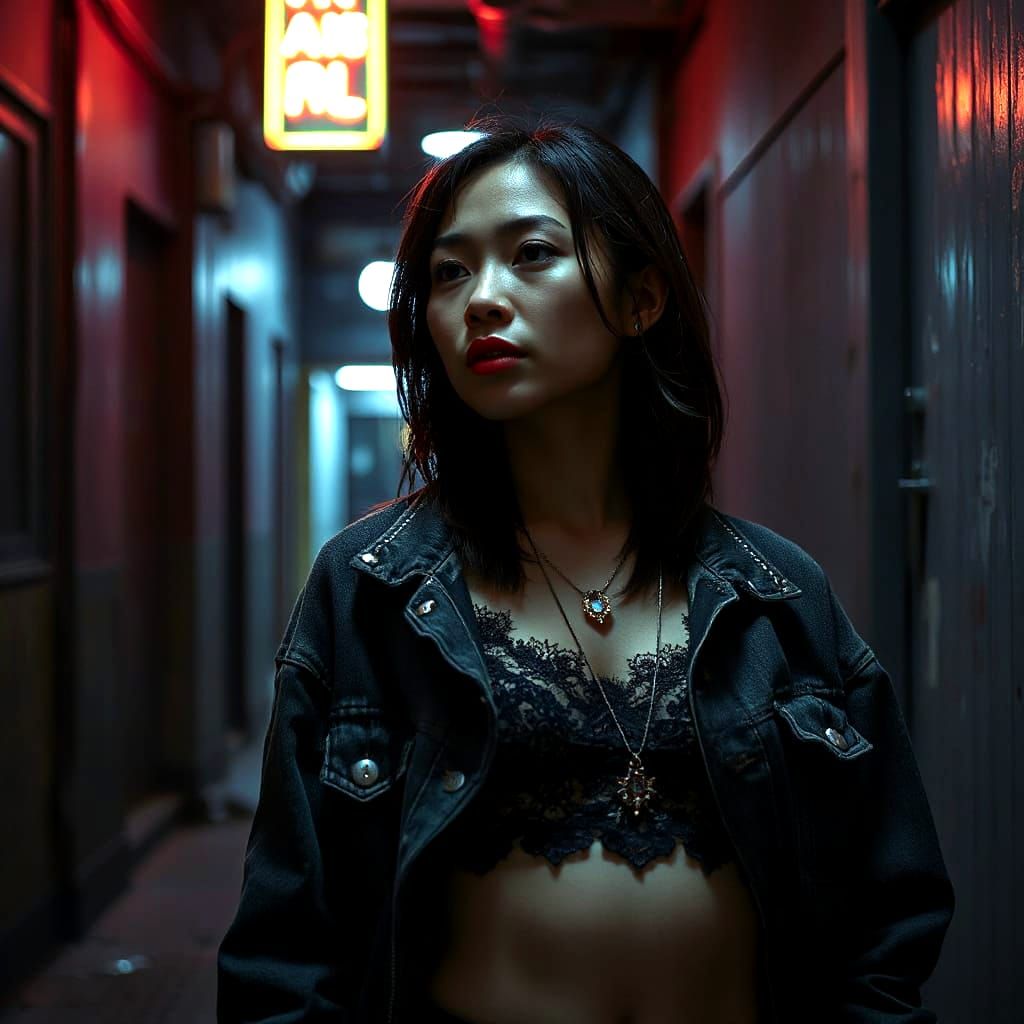 Filipina Woman in Neon Alleyway - Cyberpunk Noir