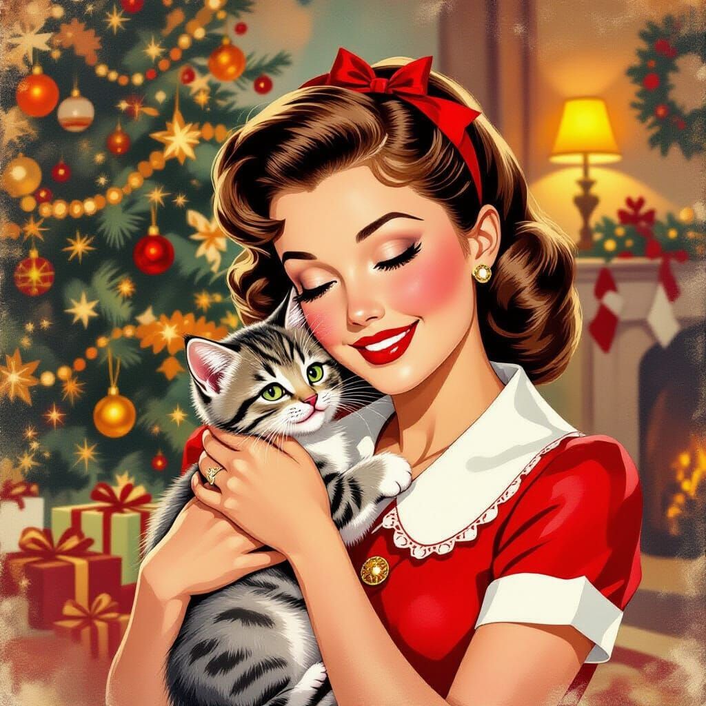 Vintage 1950s Pin-Up Christmas Card: Woman and Kitten