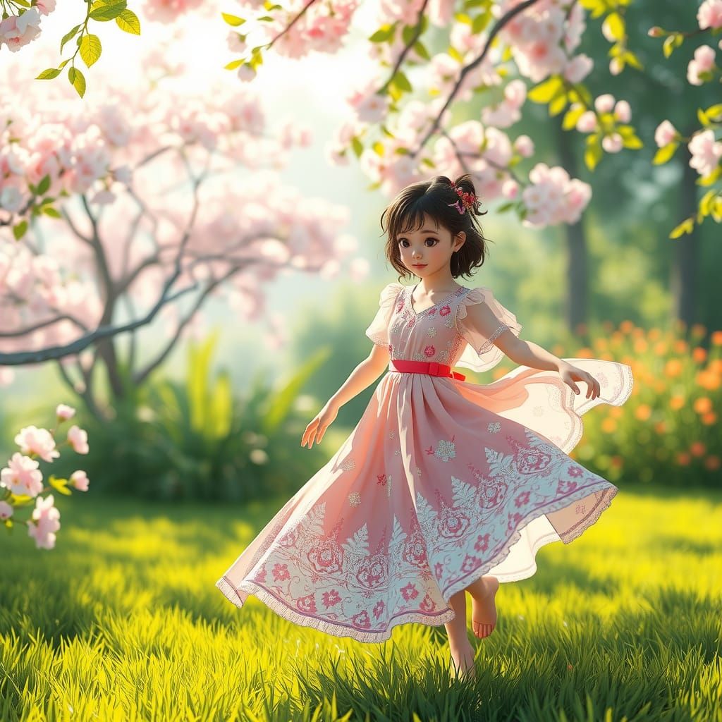 Girl Dancing in Cherry Blossom Garden: 3D Anime Art
