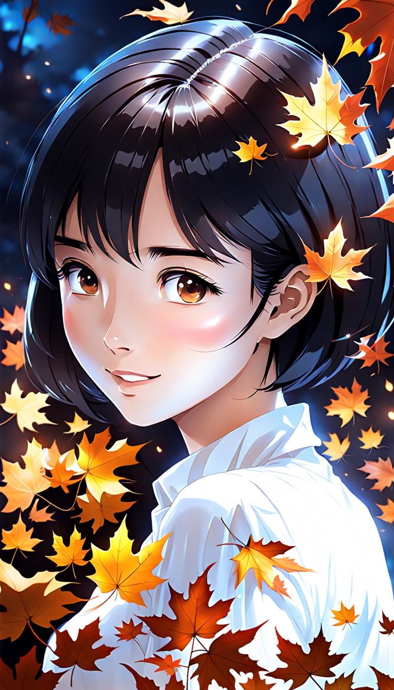 Anime Portrait of Thai Woman with Maple Leaves