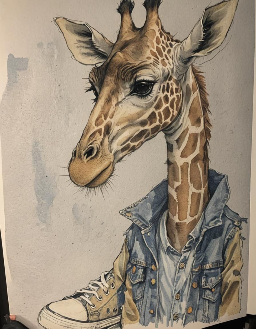 Anthropomorphic Giraffe in Denim Jacket and Sneakers
