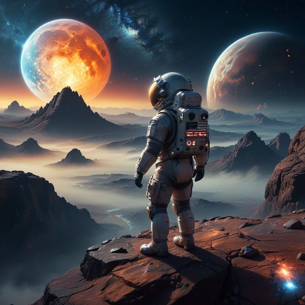 Cosmic Explorer on Alien Planet Ledge