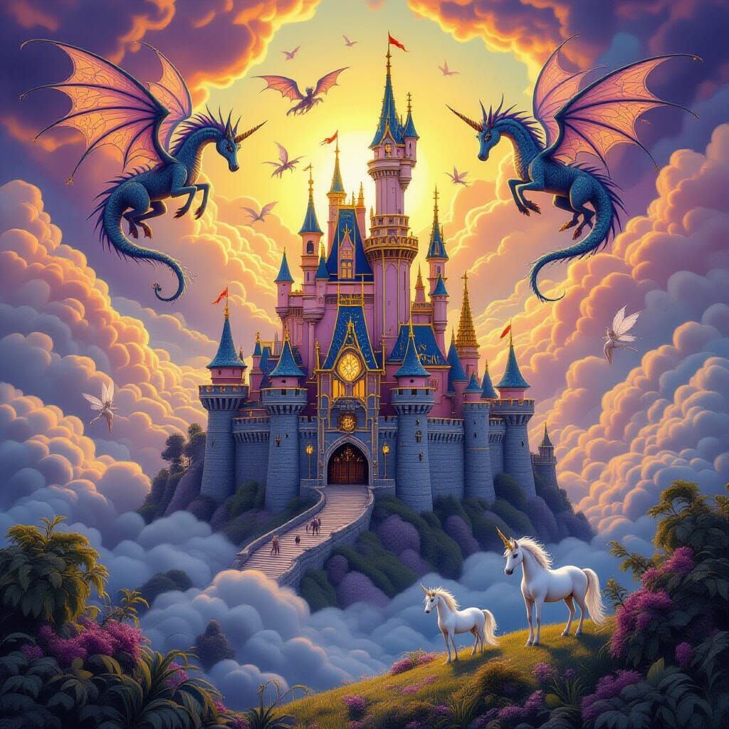 Mystical Felted Castle with Dragons and Unicorns