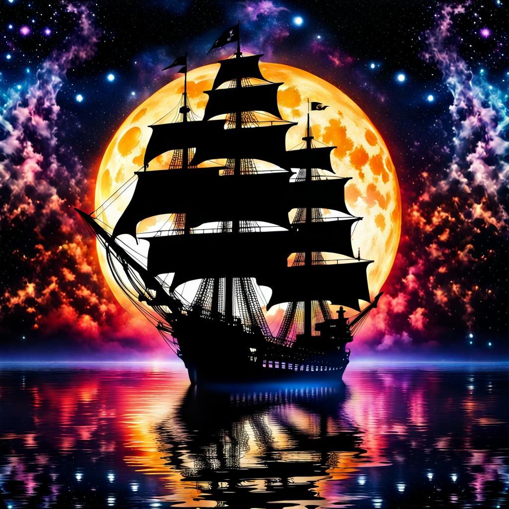 Epic Pirate Ship Silhouette in Galaxy Moonlight