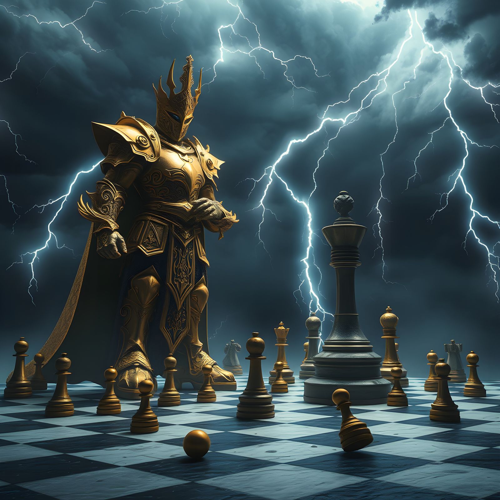 Giant King on Chessboard in Thunderstorm Sky