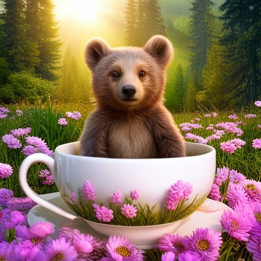 Cute Furry Baby Bear in Teacup, 8K Concept Art