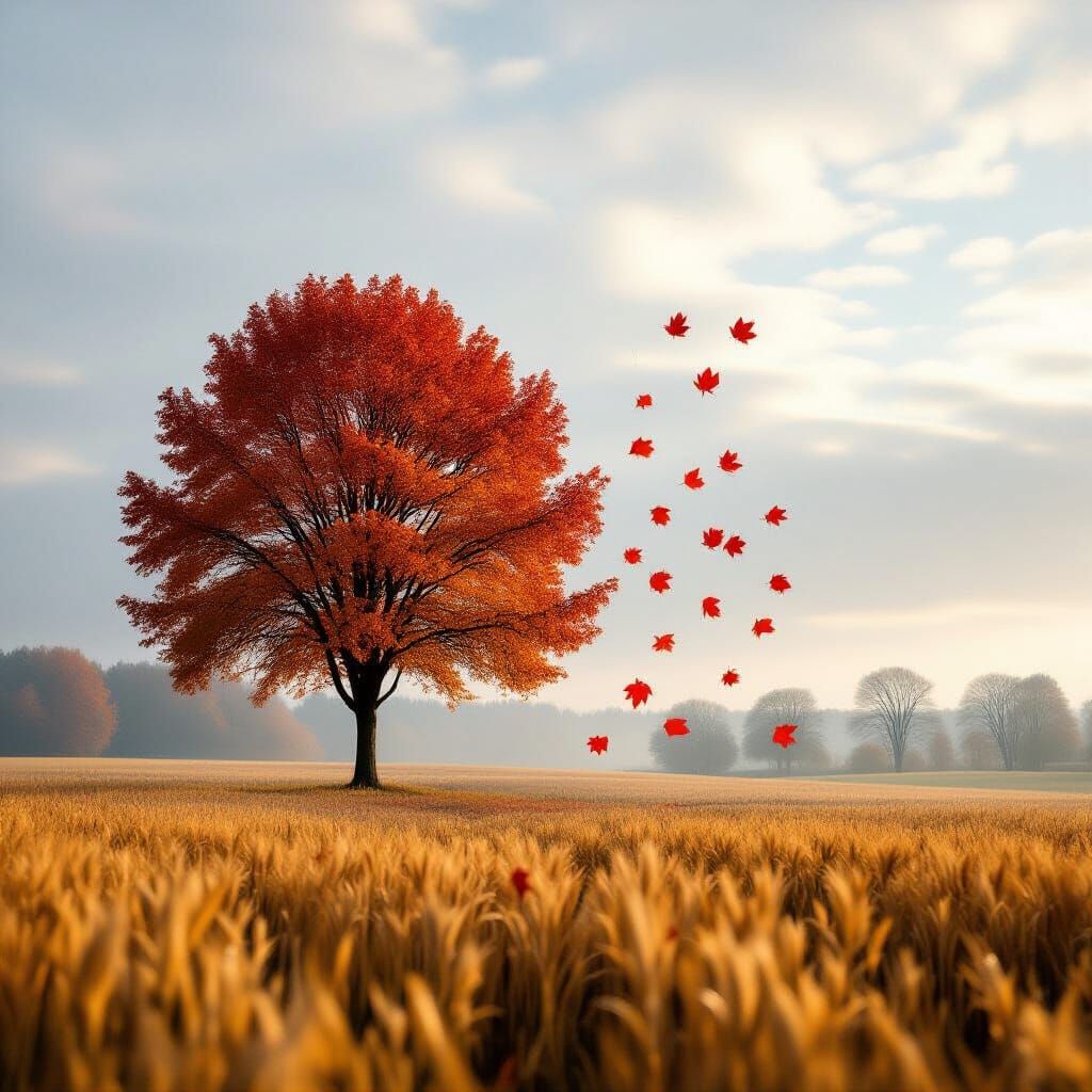 Solitary Tree in Golden Field: Autumn Memory