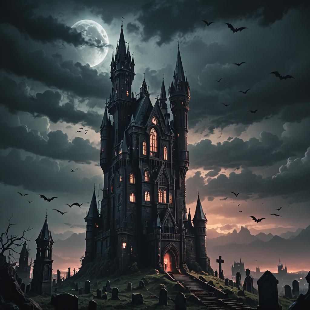 Cyberpunk Gothic Castle Overlooking Graveyard at Halloween