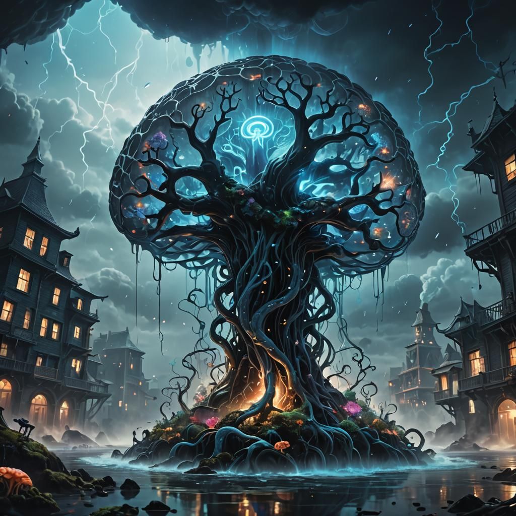 Surreal Brain Structure in Dreamlike Cityscape