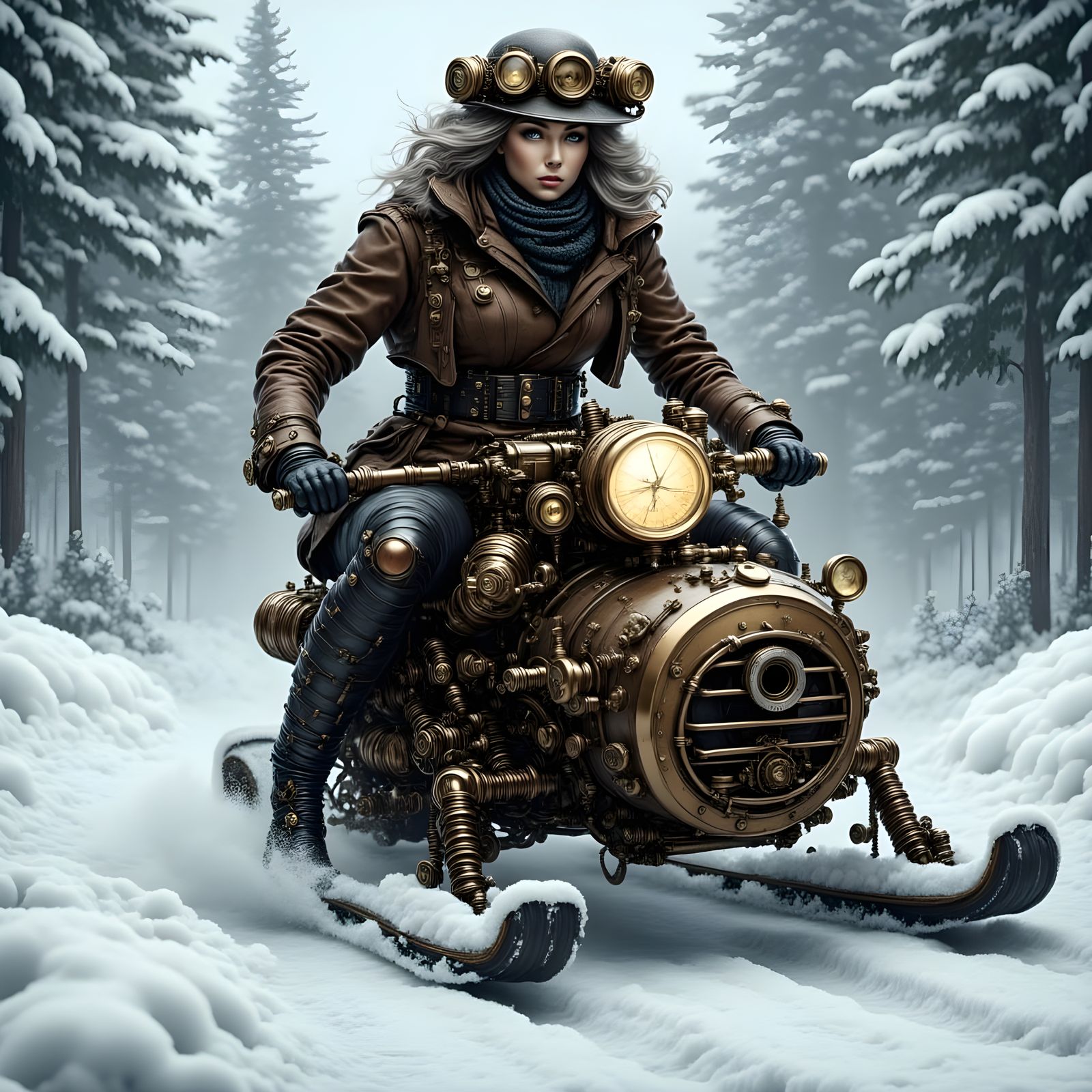 Steampunk Woman Rides Snowmobile Through Frosty Forest Lands...