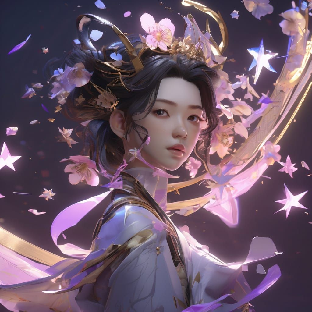 Ethereal Half-Mask with Swirling Elements in 3D Anime Art