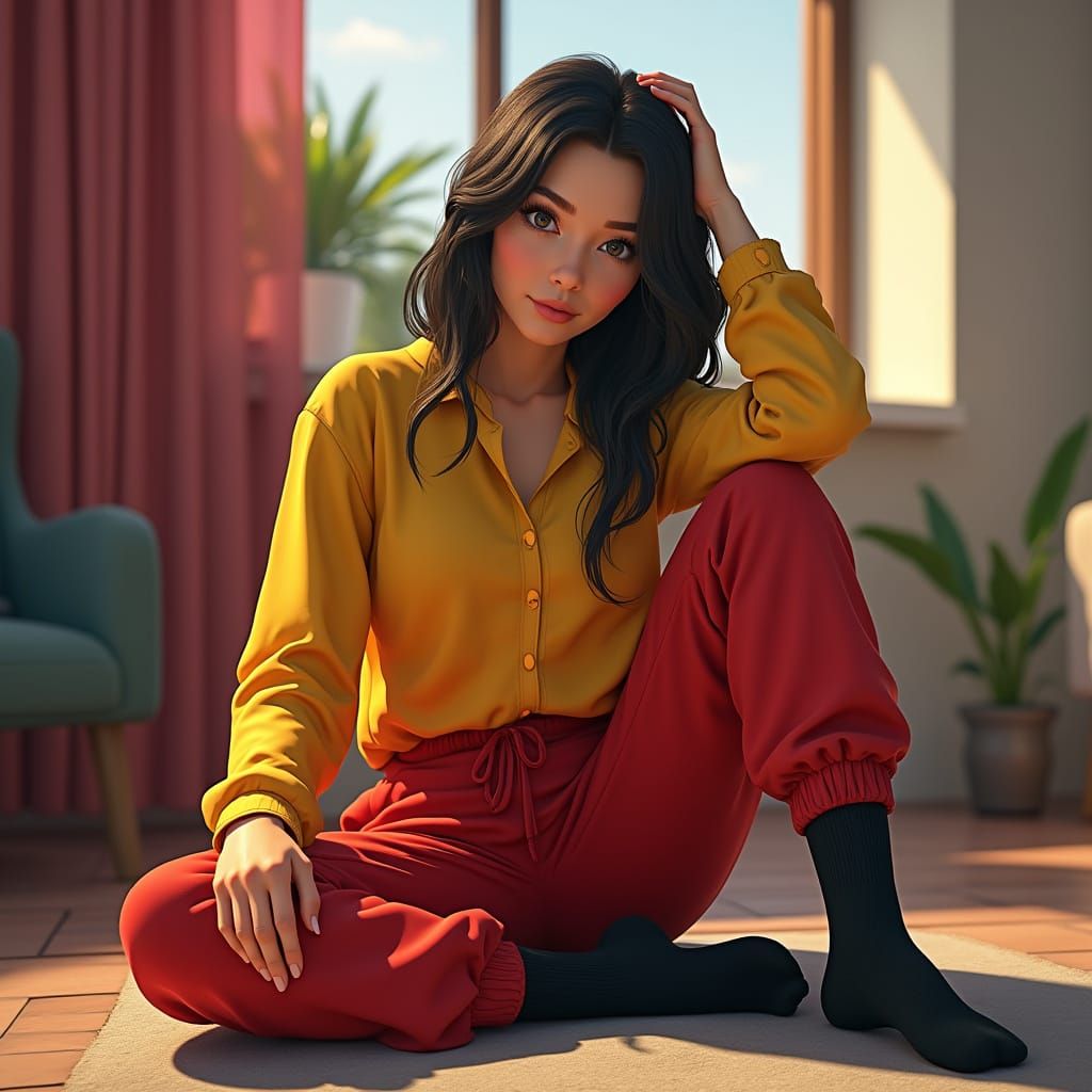 Woman in Sweatpants: Simpsons Art Style Portrait