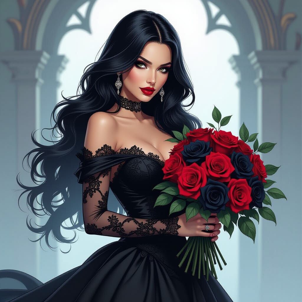 Goth Woman with Black Roses in Comic Book Style