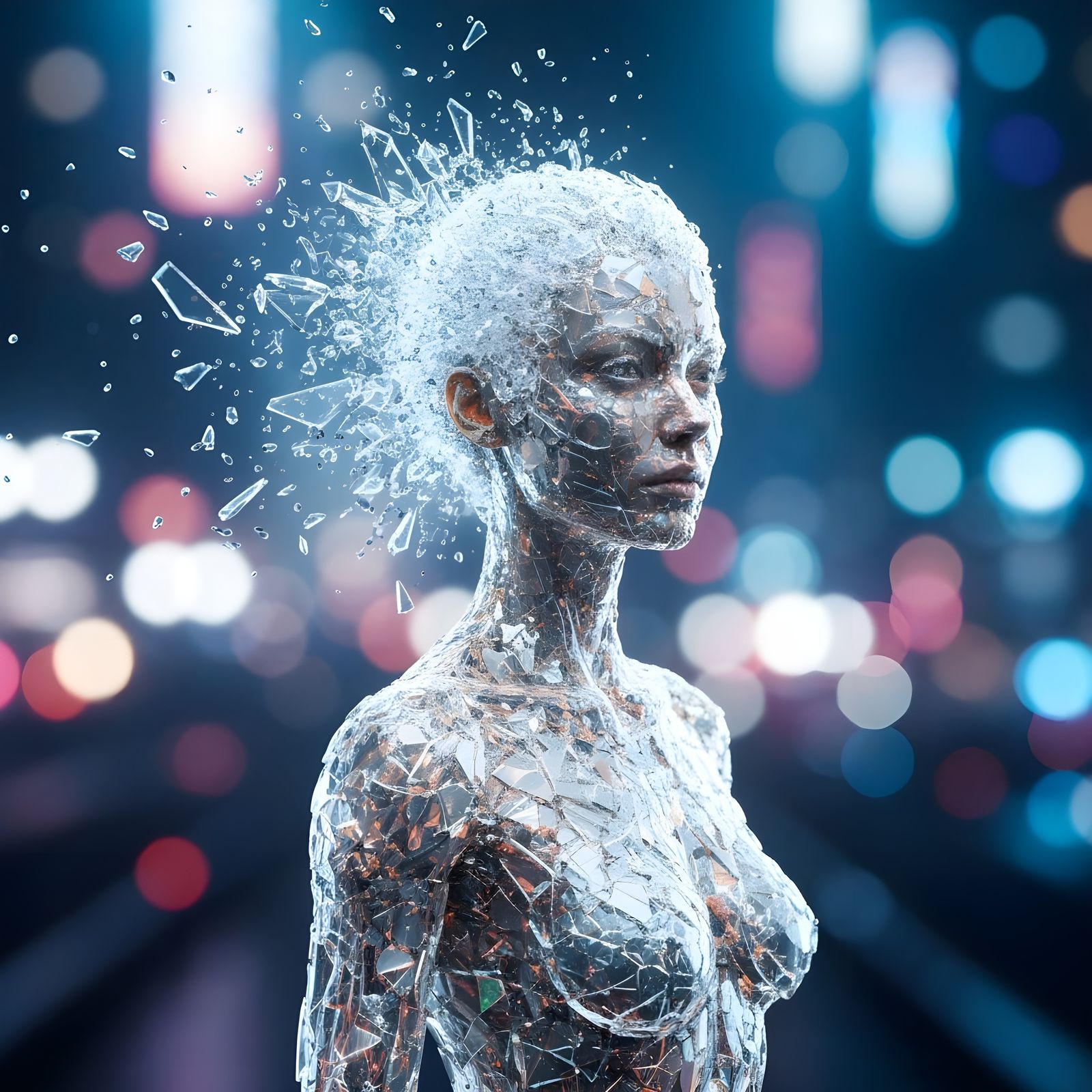 Shattered Glass Woman in Cyberpunk City