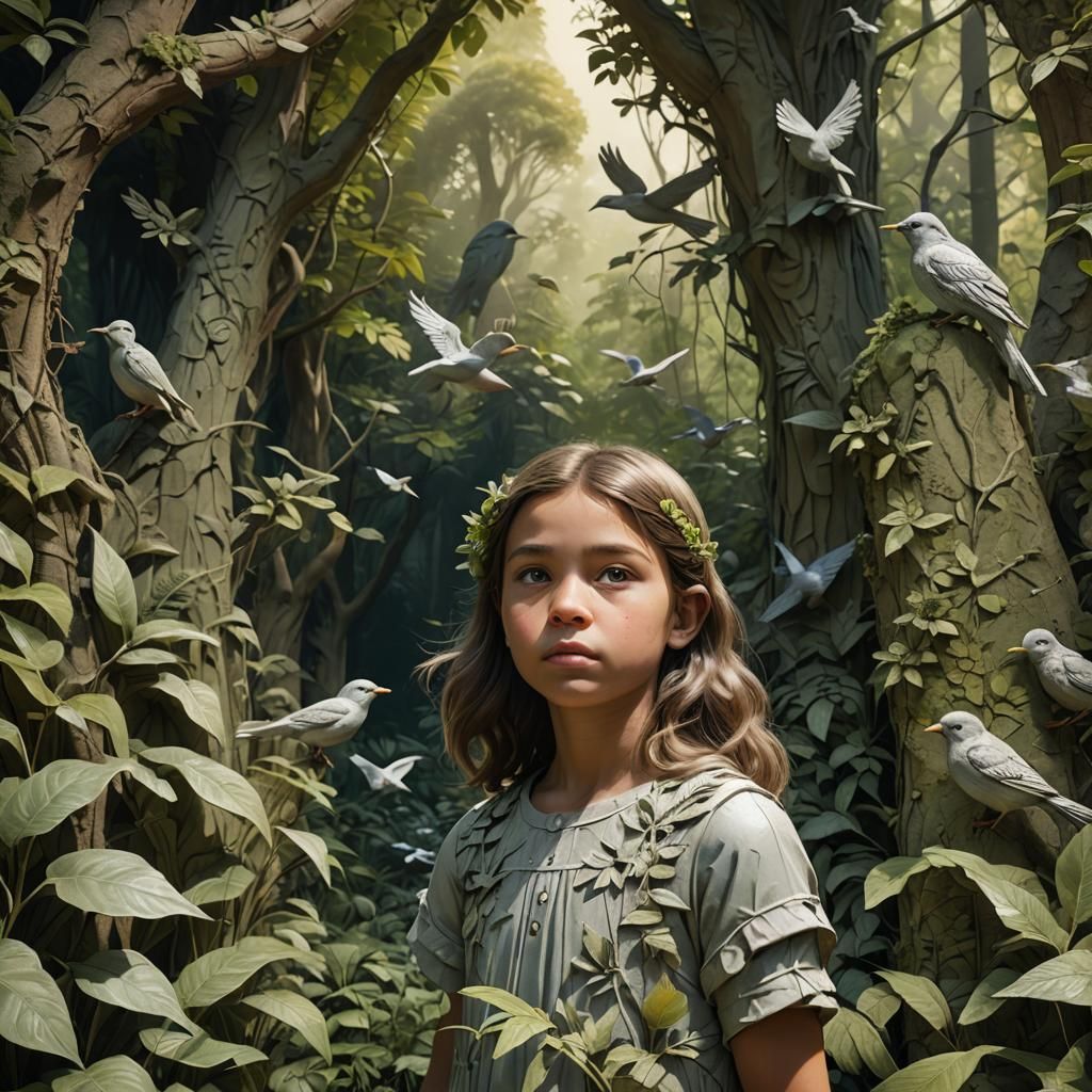 Girl in Forest Bas-Relief Matte Painting