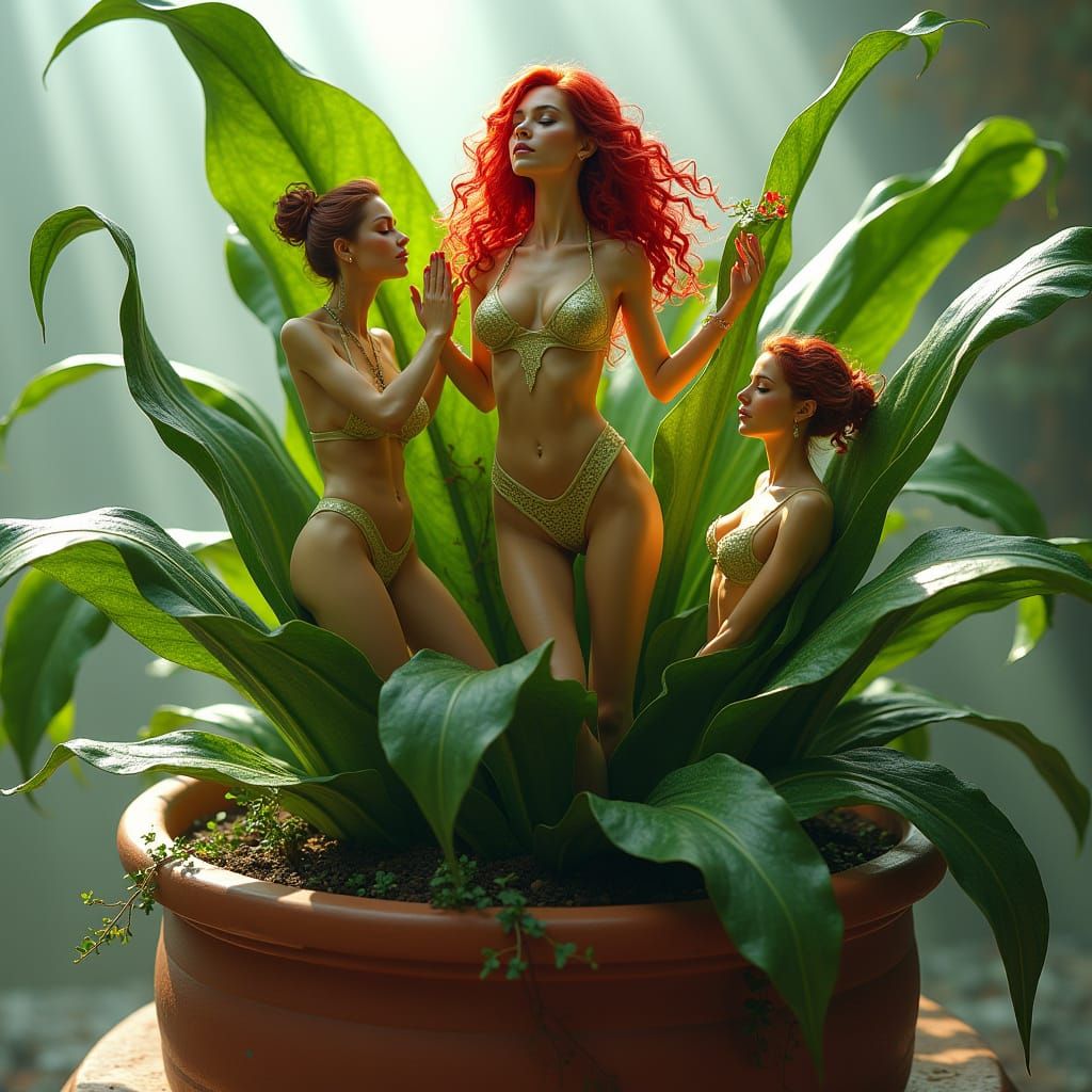 Vibrant Leaf Women Emerge in Lush Terracotta Scene