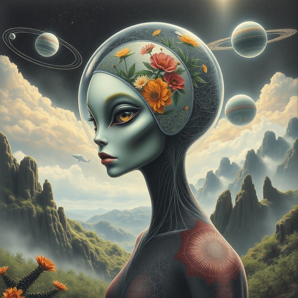 Telepathic Alien on Exotic Planet: Cosmic Illustration