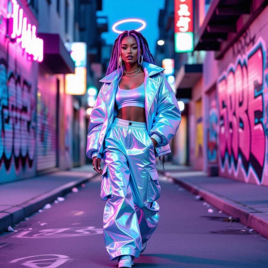 Fashion Editorial: African American Woman in Neon & Holograp...